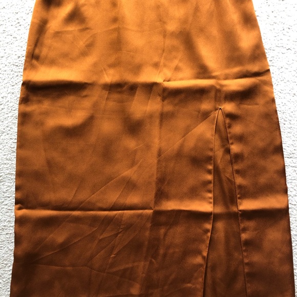 Abercrombie & Fitch Copper Brown Havana Gold Satin Slip MIDI Dress Slit Scoop S - Picture 4 of 8
